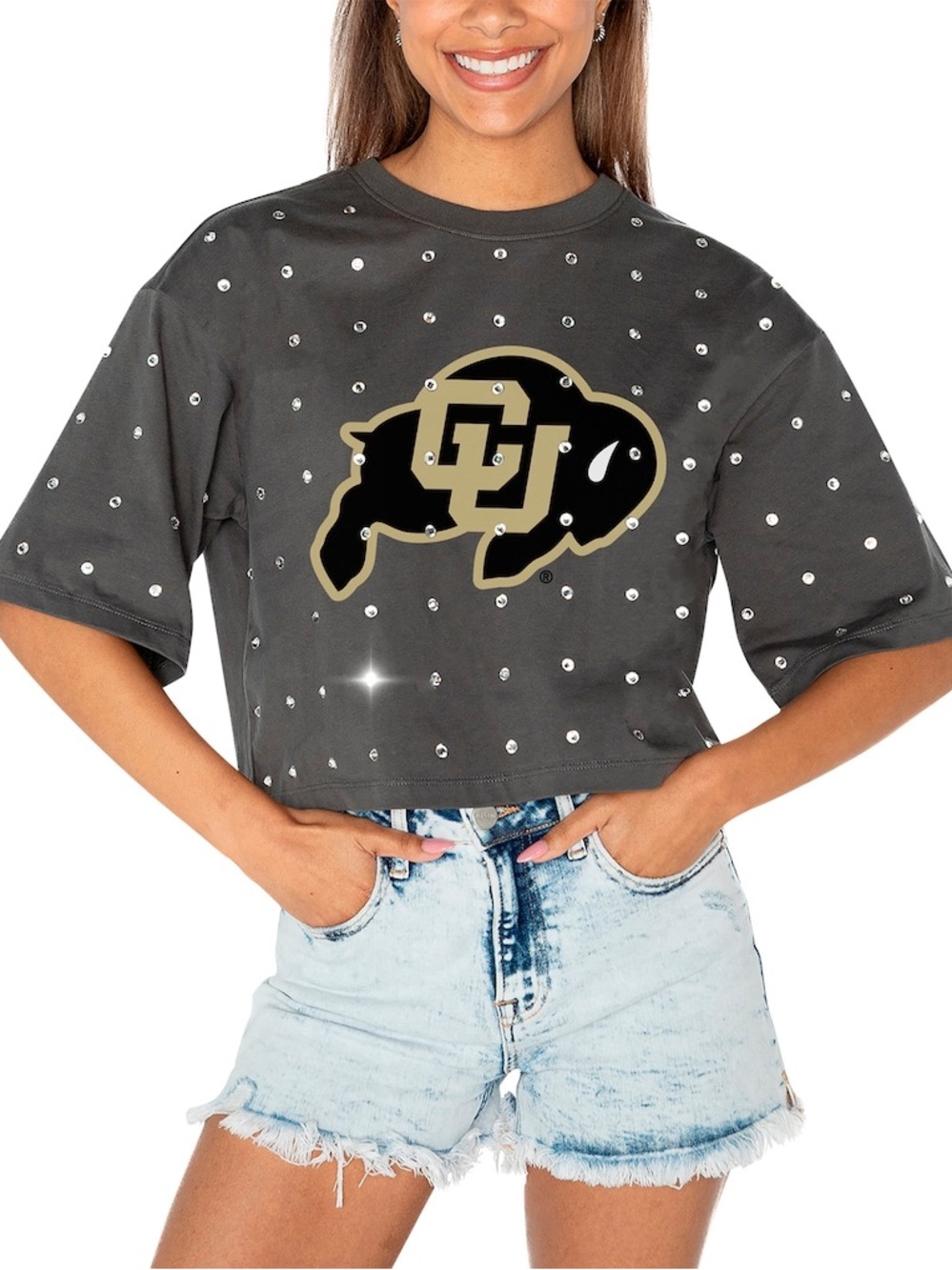 CU Buffalo Logo Charcoal Crop Top with Crystal Details